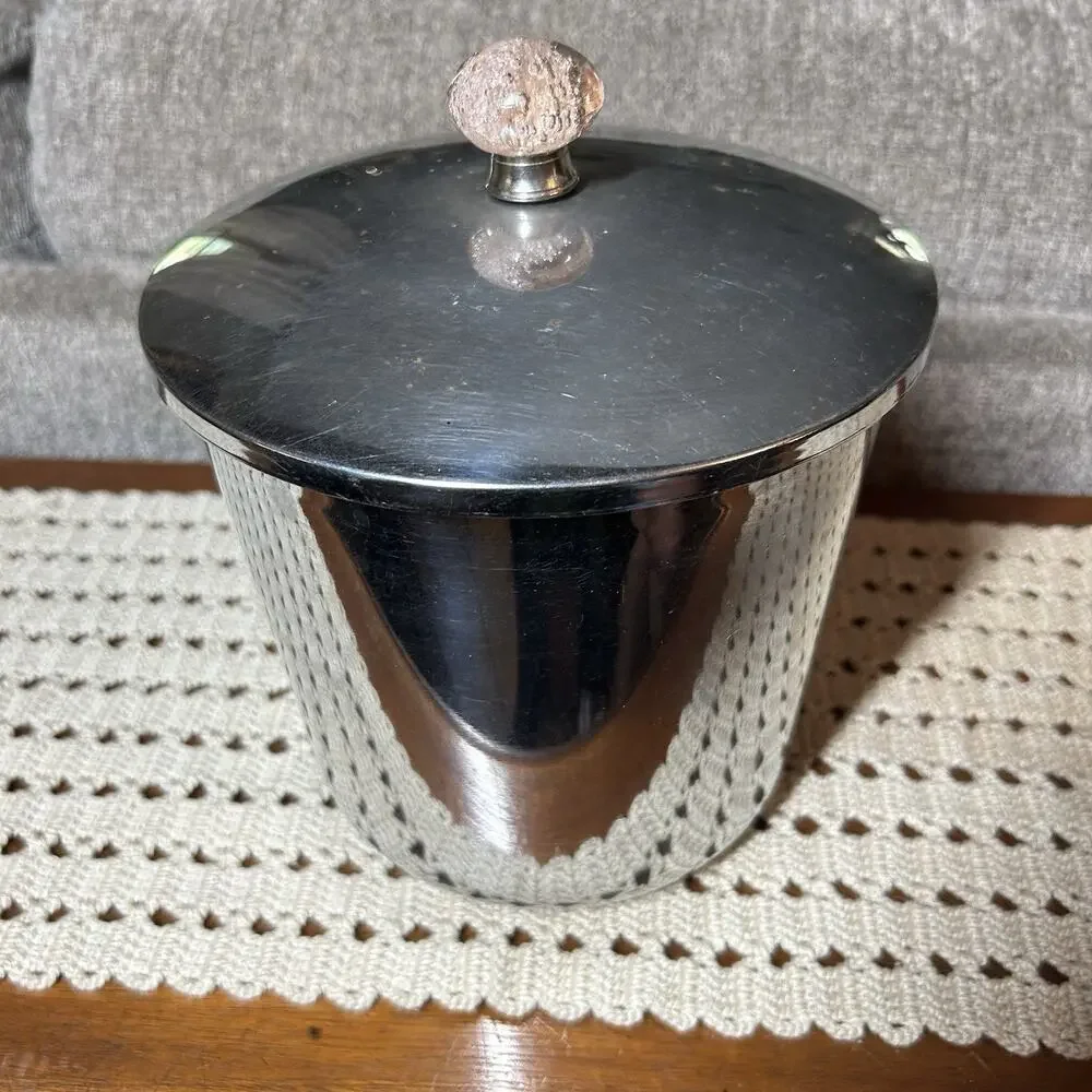 Vtg 50s EVEREDY Stainless Chrome COOKIE JAR Canister 9” Pink Glass Ball Knob